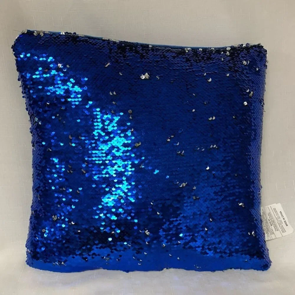 Blue Silver Reversible Flip Sequin Throw Pillow Color Changing Decor Home Bed